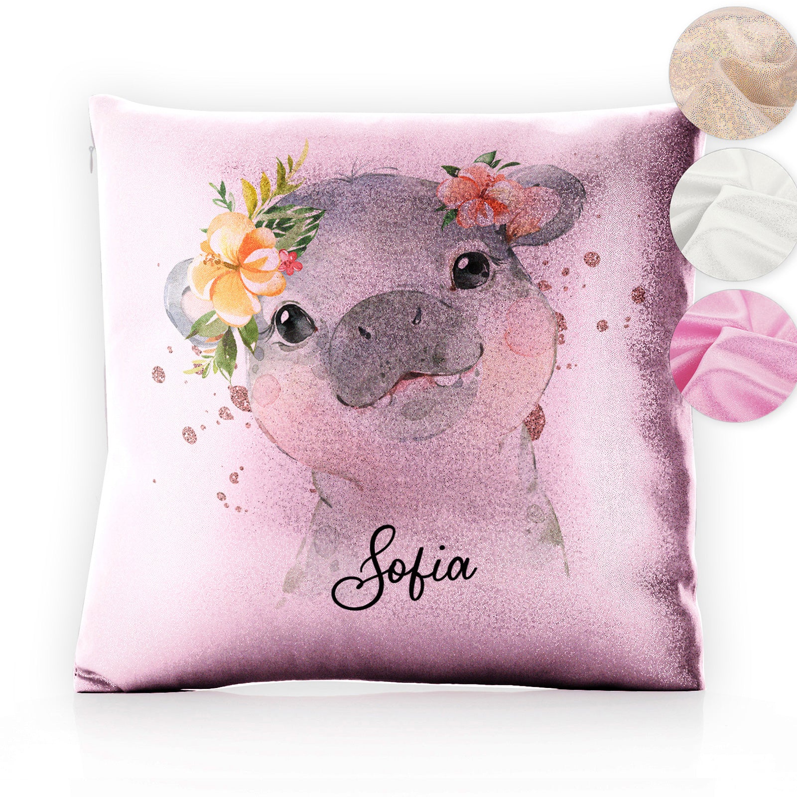 Personalised Glitter Cushion with Hippo Rain Drop Glitter Print and Cute Text