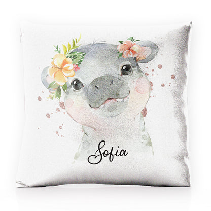 Personalised Glitter Cushion with Hippo Rain Drop Glitter Print and Cute Text