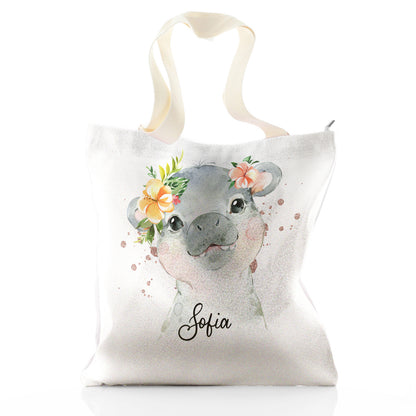Personalised Glitter Tote Bag with Hippo Rain Drop Glitter Print and Cute Text