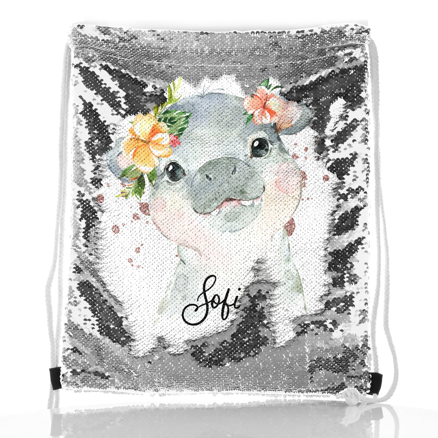 Personalisierter Pailletten-Rucksack mit Kordelzug, Hippo-Regentropfen-Glitzerdruck und niedlichem Text