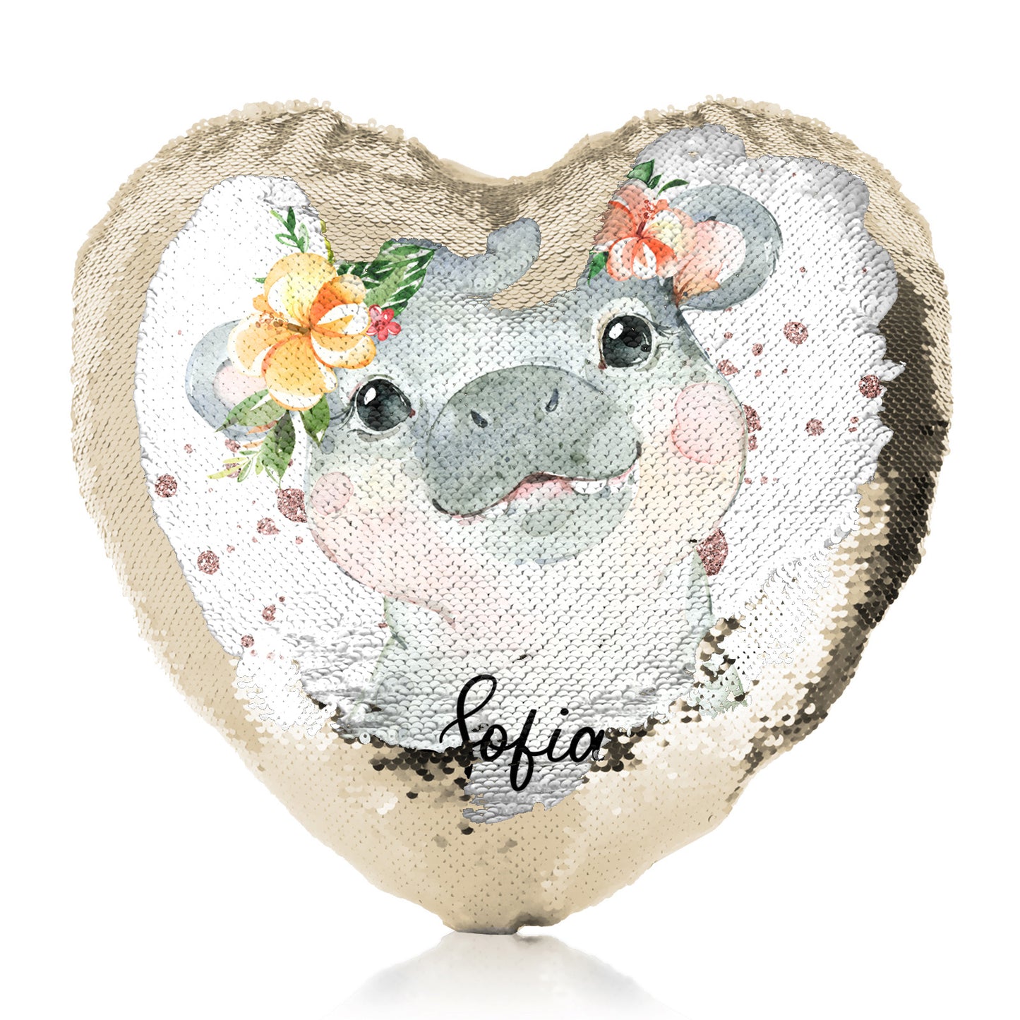 Personalised Sequin Heart Cushion with Hippo Rain Drop Glitter Print and Cute Text
