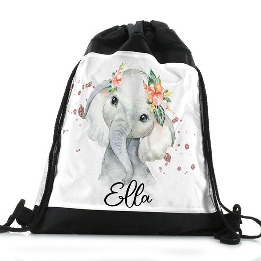 Personalisierter Elefanten-Regen-Druck und schwarzer Kordelzug-Rucksack mit Namen