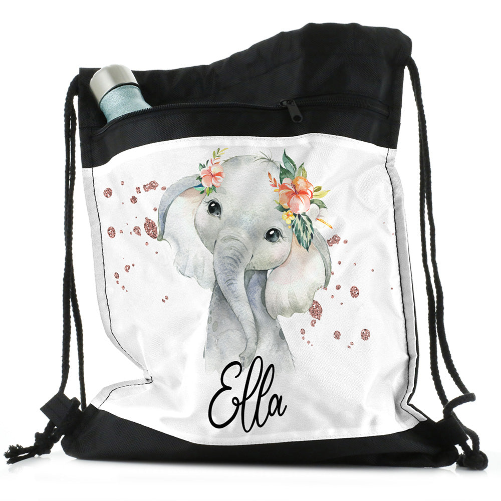 Personalised Elephant Rain Print and Name Black Drawstring Backpack