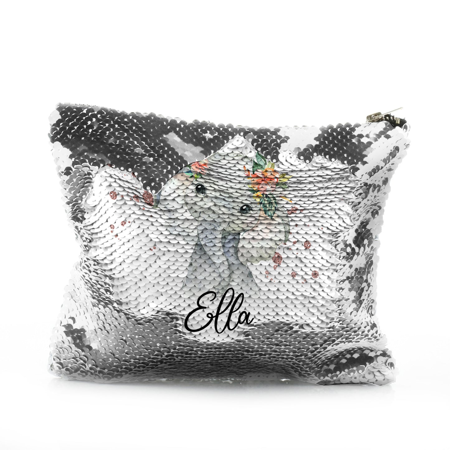 Personalised Sequin Zip Bag with Elephant Rain Drop Glitter Print and Cute Text