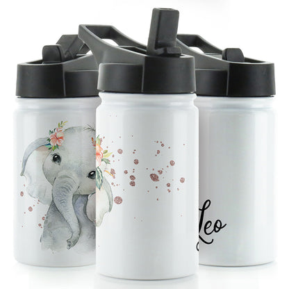 Personalisierter Elefanten-Regentropfen und Name, weiße Sportflasche