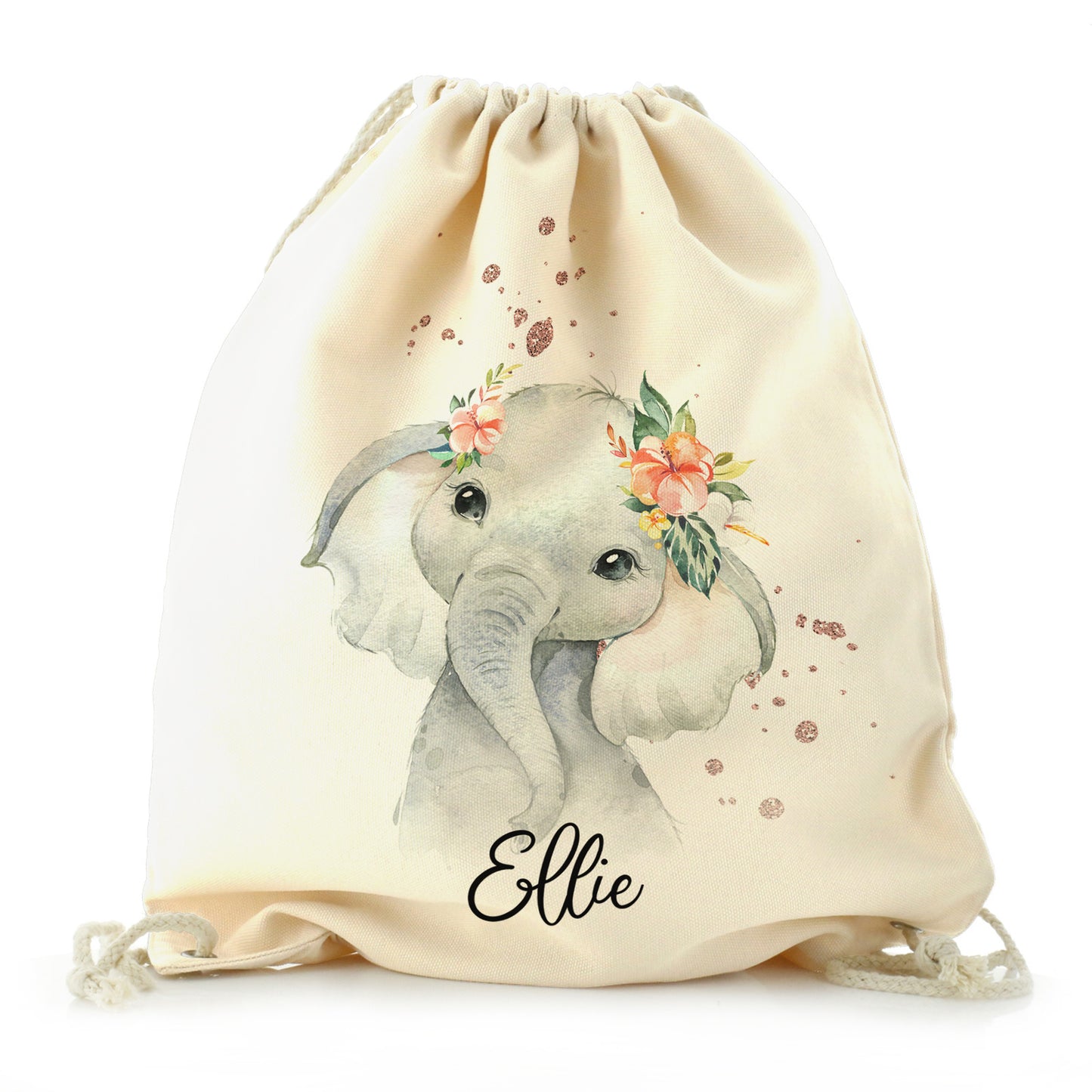 Personalised Canvas Drawstring Backpack with Elephant Rain Drop Glitter Print and Cute Text