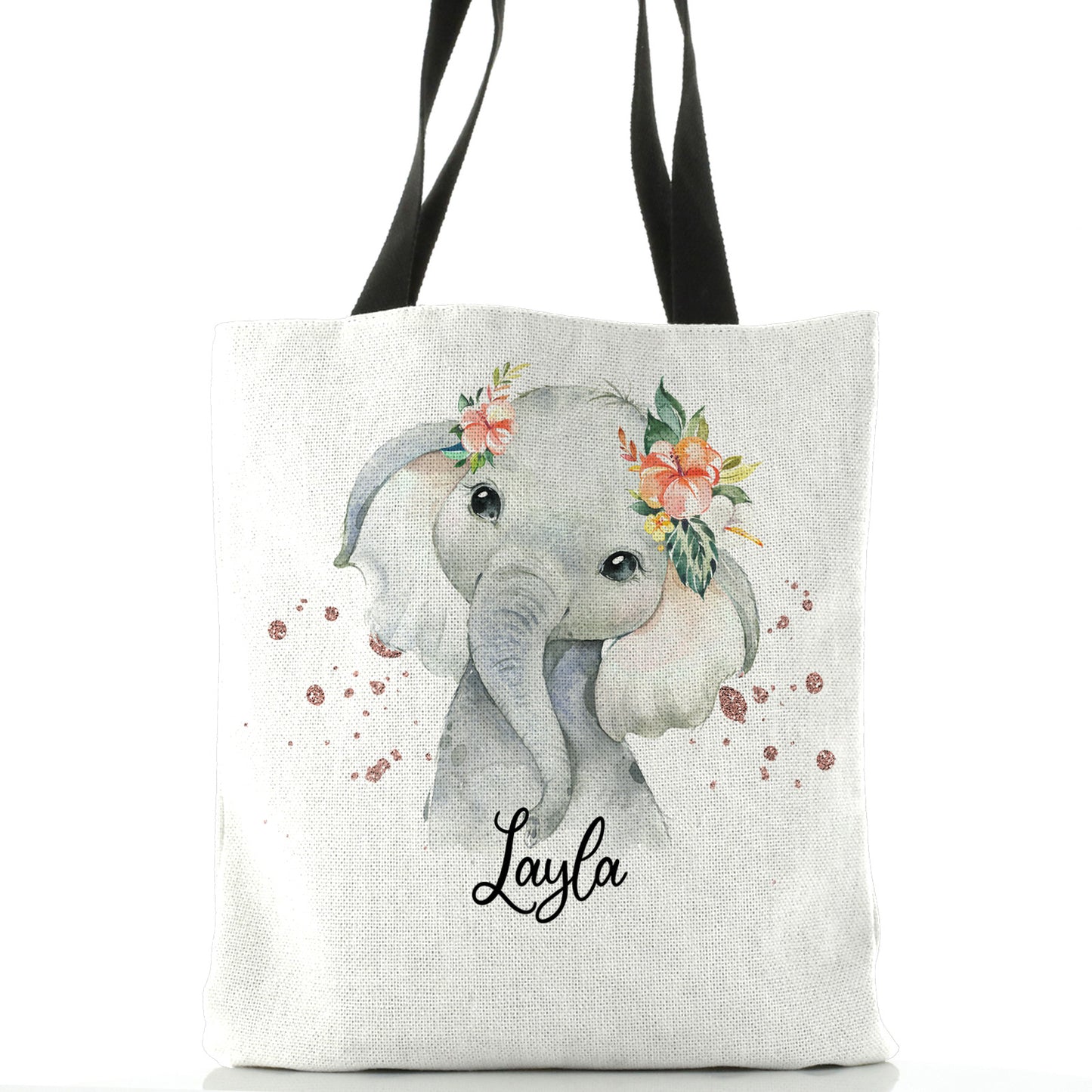Personalised White Tote Bag with Elephant Rain Drop Glitter Print and Cute Text