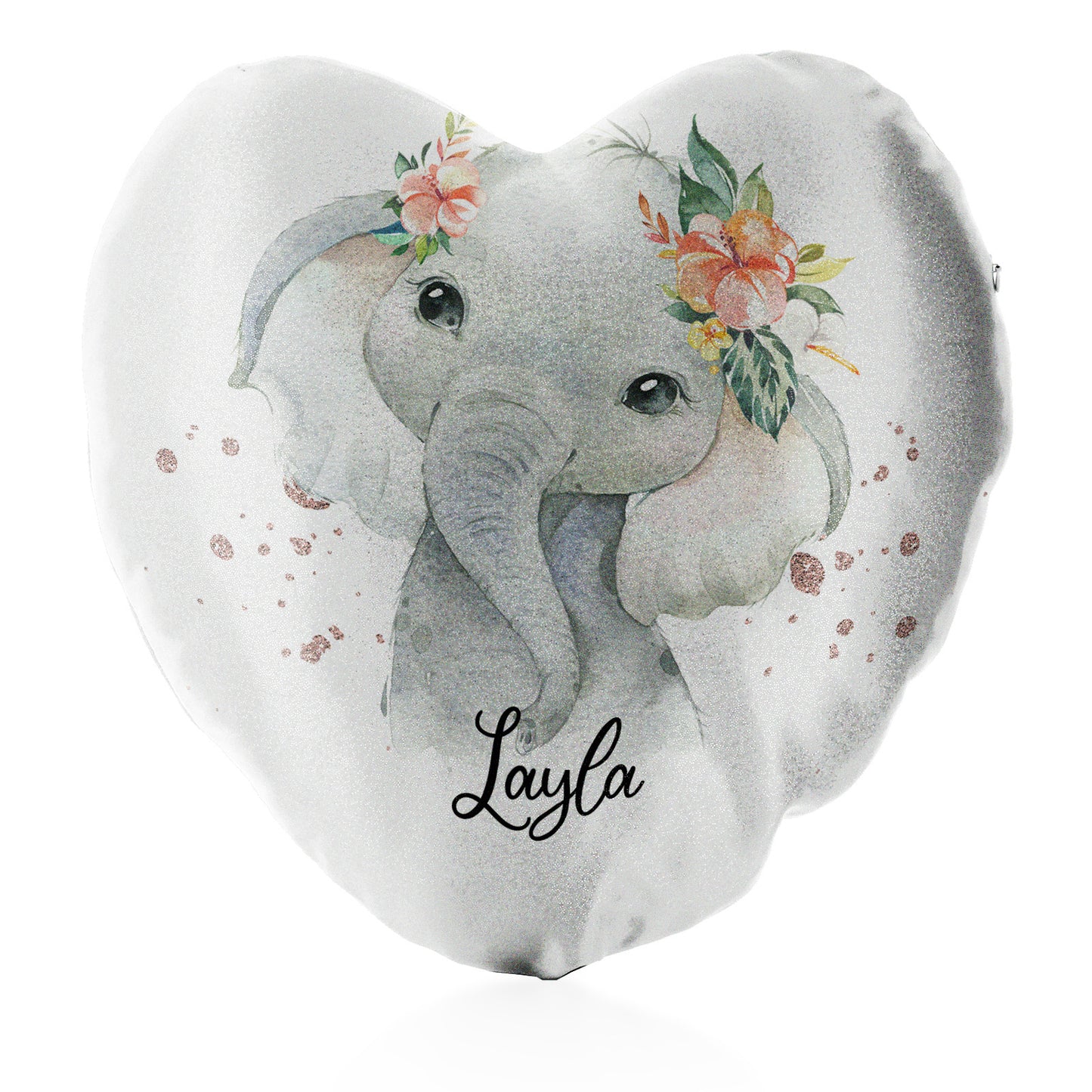 Personalised Glitter Heart Cushion with Elephant Rain Drop Glitter Print and Cute Text