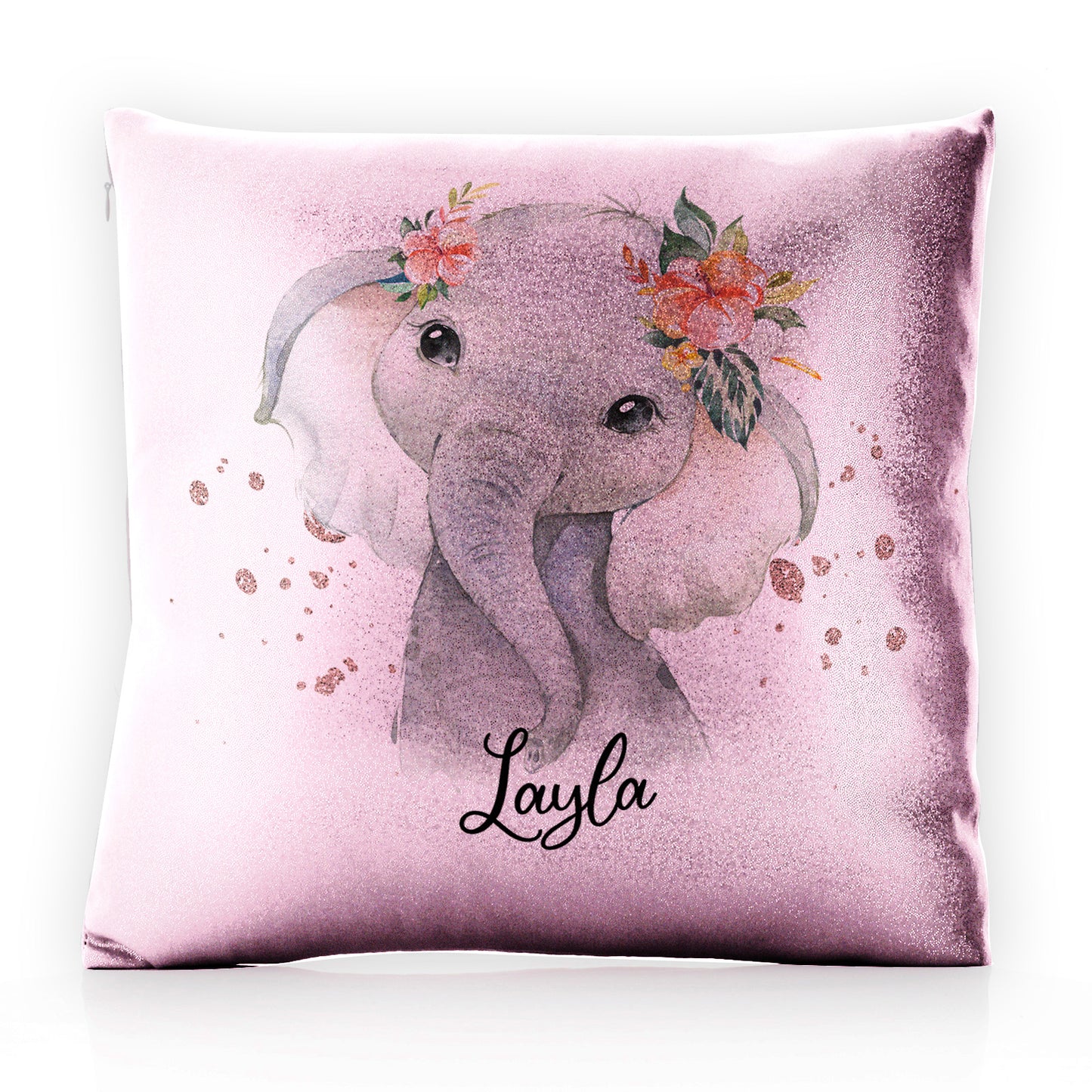 Personalised Glitter Cushion with Elephant Rain Drop Glitter Print and Cute Text
