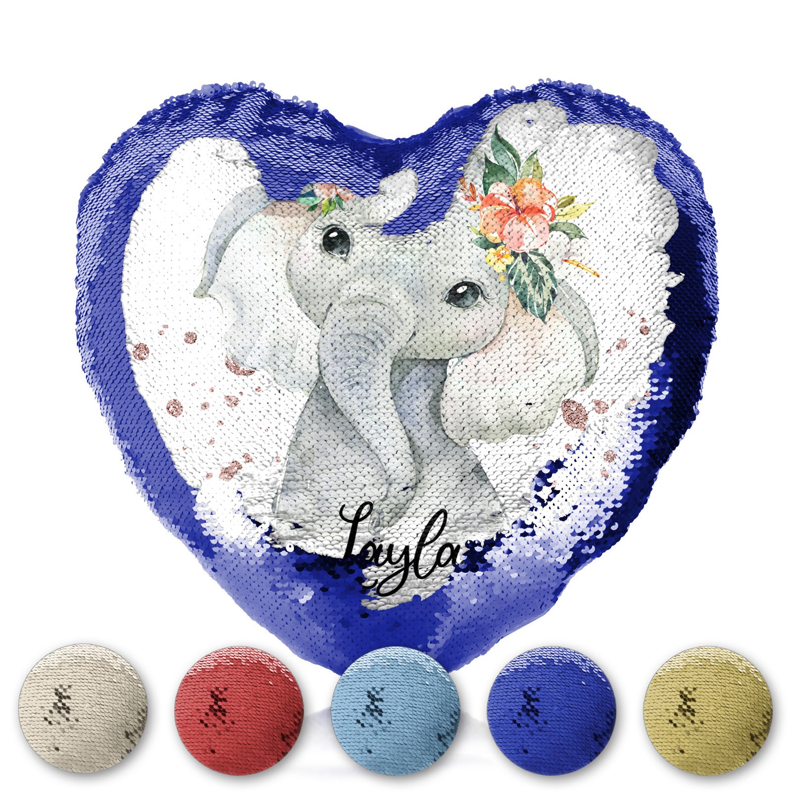 Personalised Sequin Heart Cushion with Elephant Rain Drop Glitter Print and Cute Text
