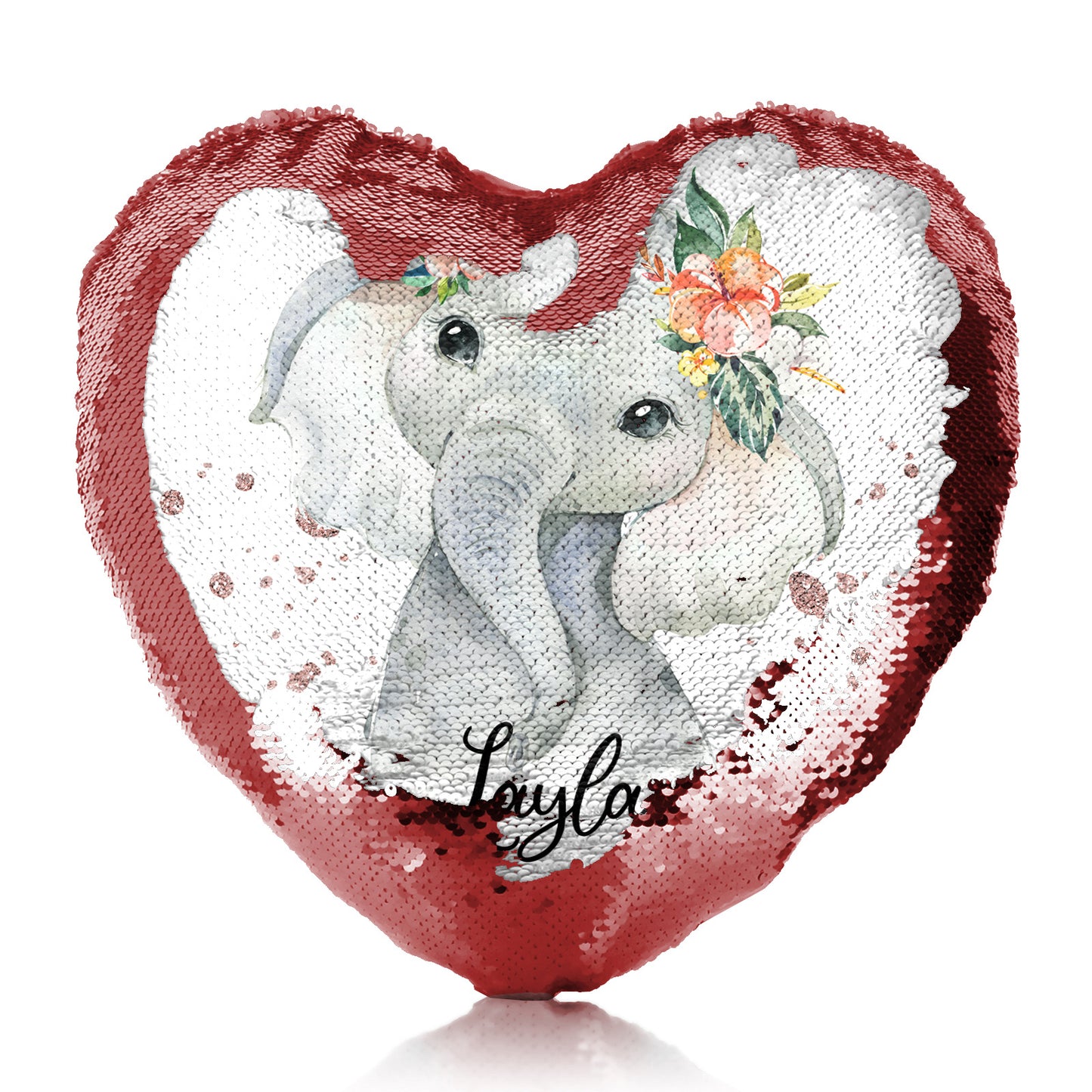 Personalised Sequin Heart Cushion with Elephant Rain Drop Glitter Print and Cute Text