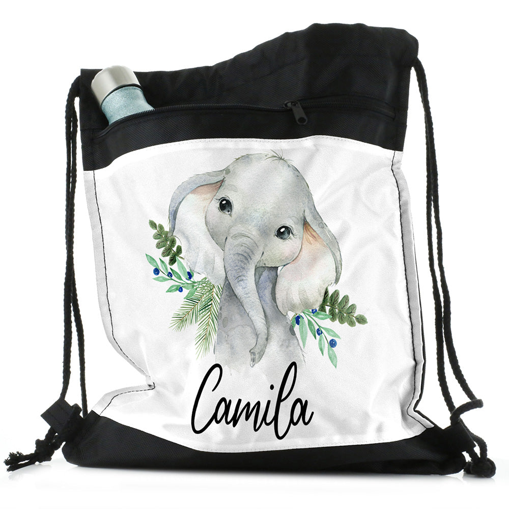 Personalised Elephant Blue Berry and Name Black Drawstring Backpack