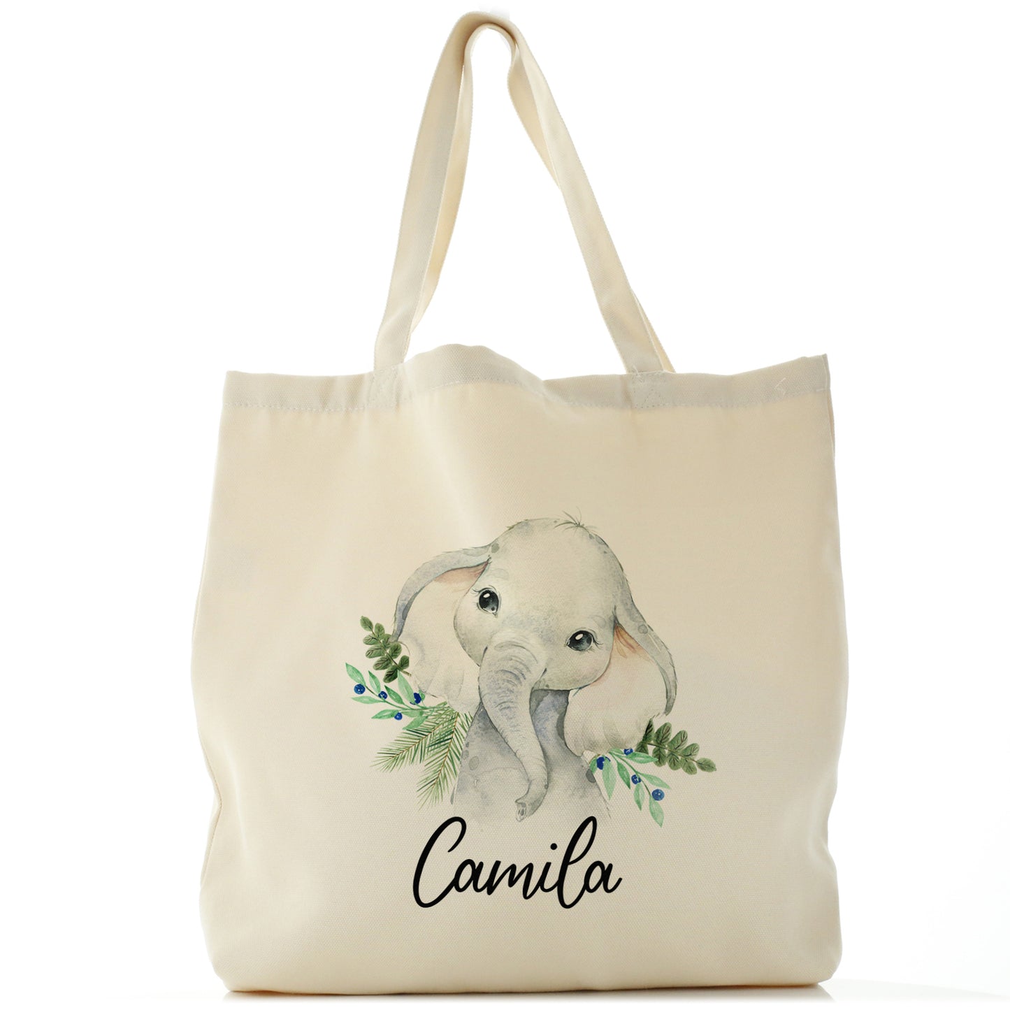 Personalised Canvas Tote Bag with Elephant Blue Berries and Cute Text