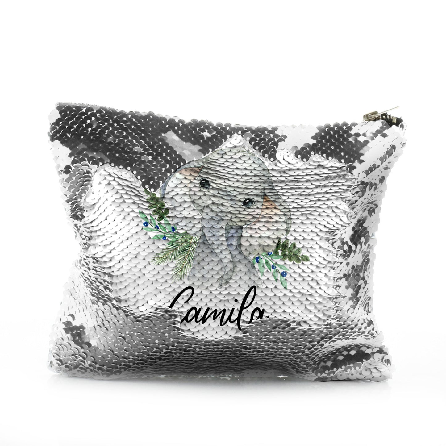Personalised Sequin Zip Bag with Elephant Blue Berries and Cute Text