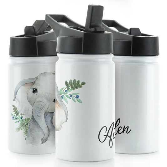 Personalisierte Elefanten-Blaubeere und Name-weiße Sportflasche