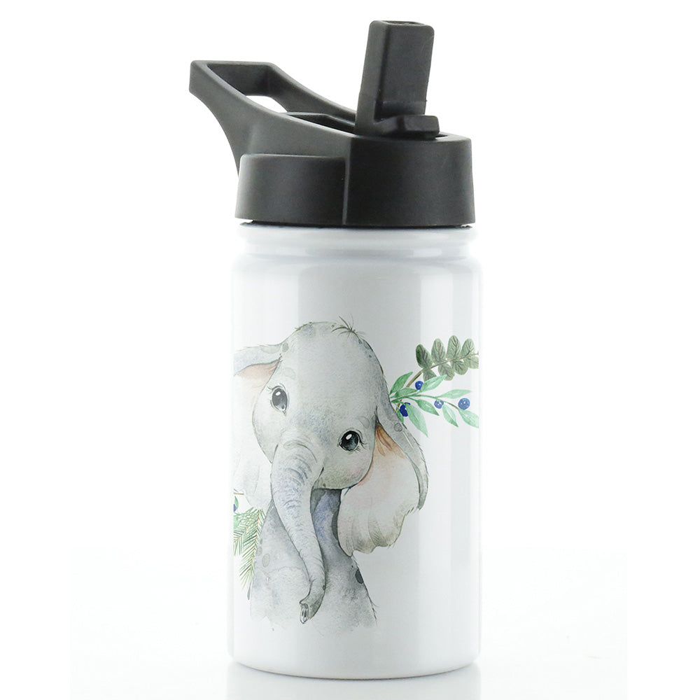 Personalised Elephant Blue Berry and Name White Sports Flask
