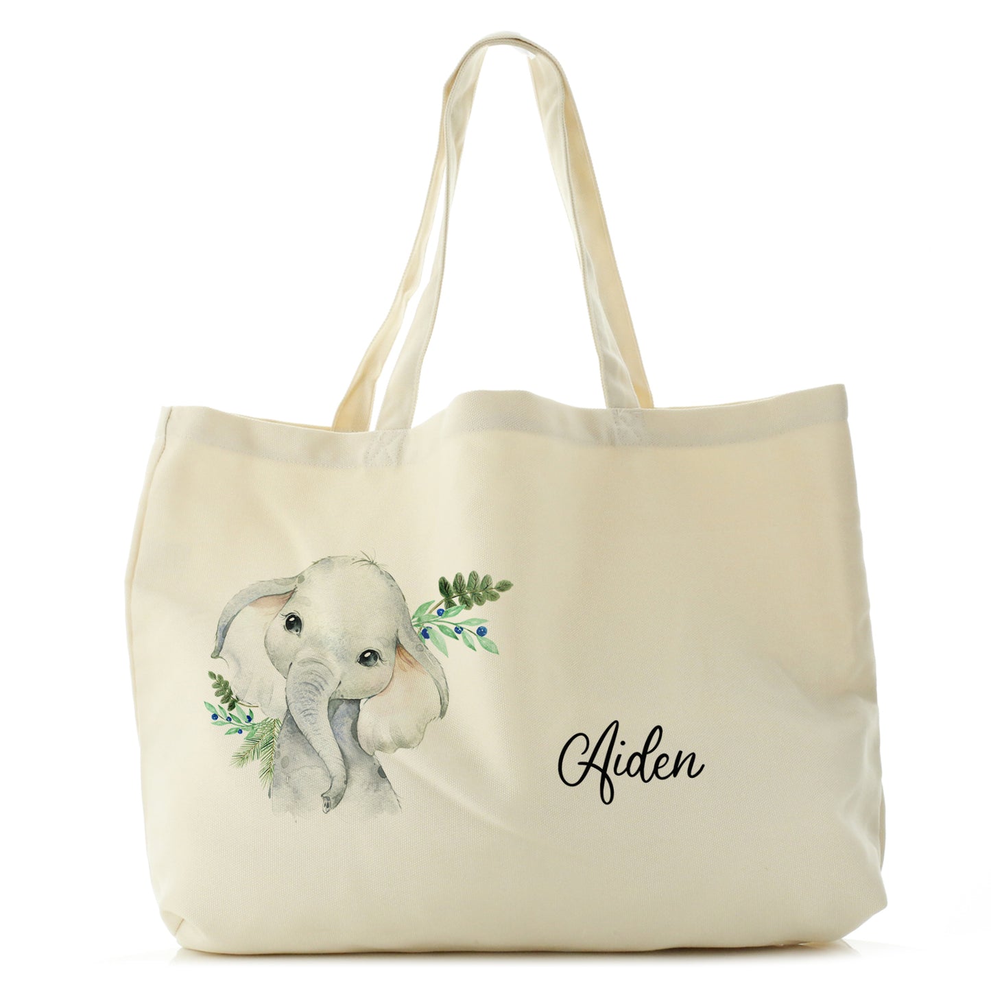Personalised Canvas Tote Bag with Elephant Blue Berries and Cute Text