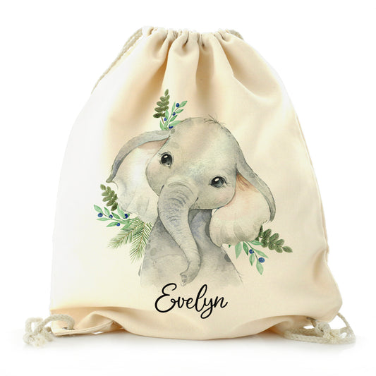 Personalised Canvas Drawstring Backpack with Elephant Blue Berries and Cute Text