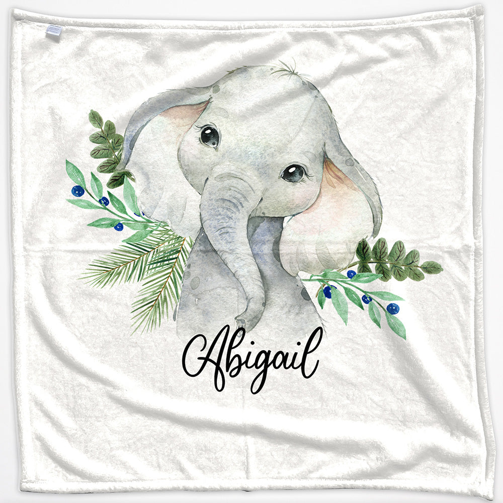 Personalised Elephant Blue Berry and Name Baby Blanket