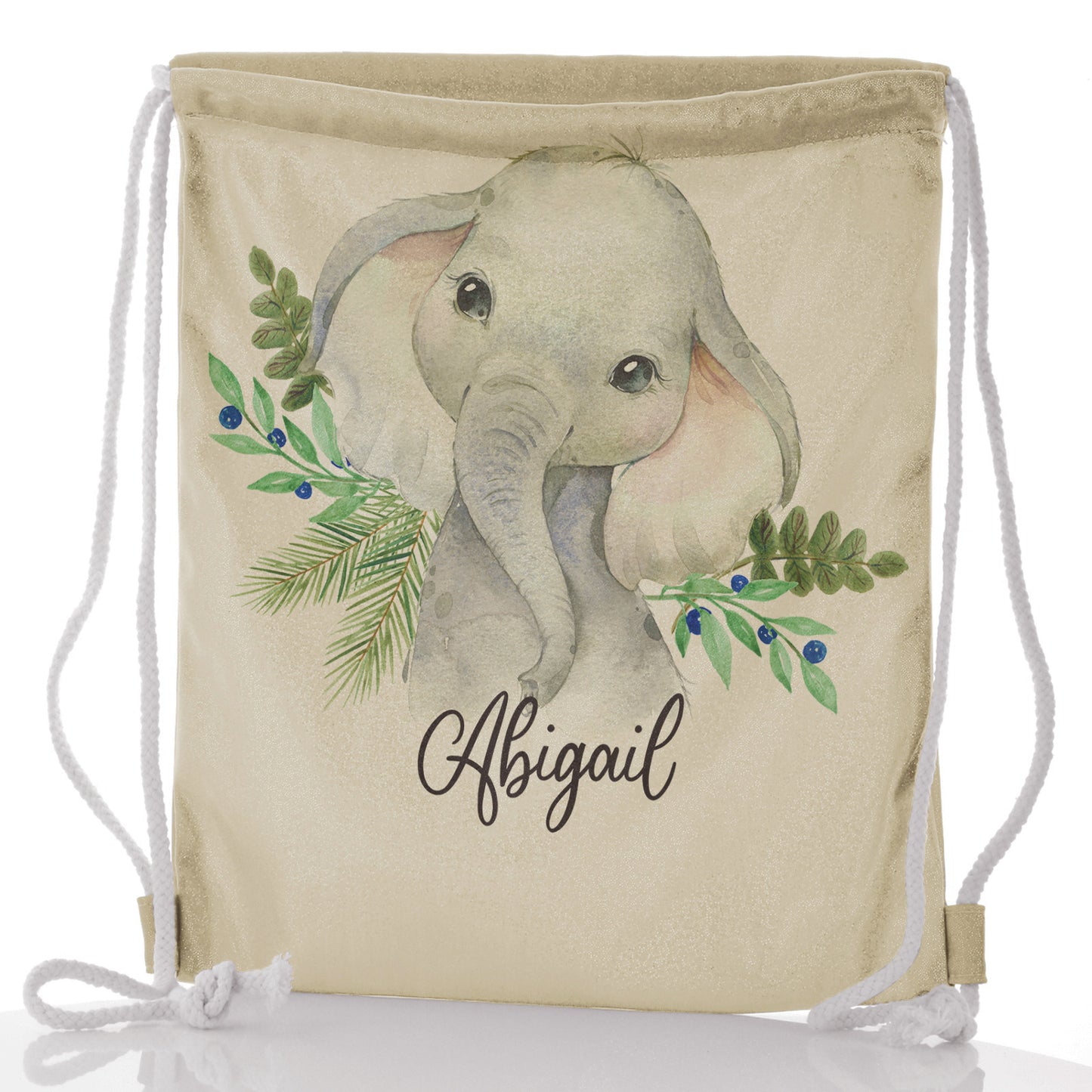 Personalised Glitter Drawstring Backpack with Elephant Blue Berries and Cute Text