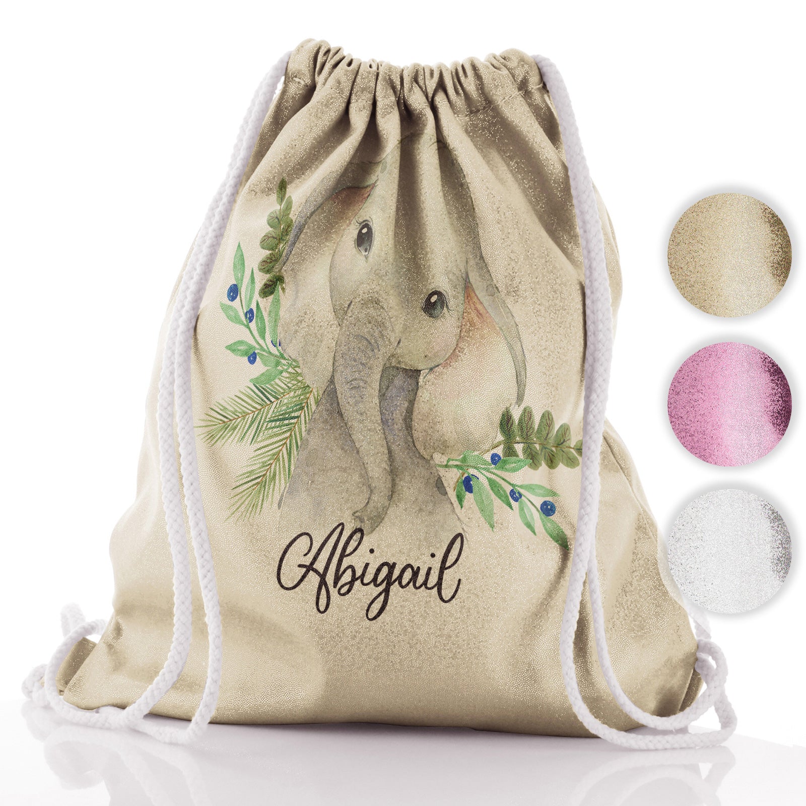 Personalised Glitter Drawstring Backpack with Elephant Blue Berries and Cute Text