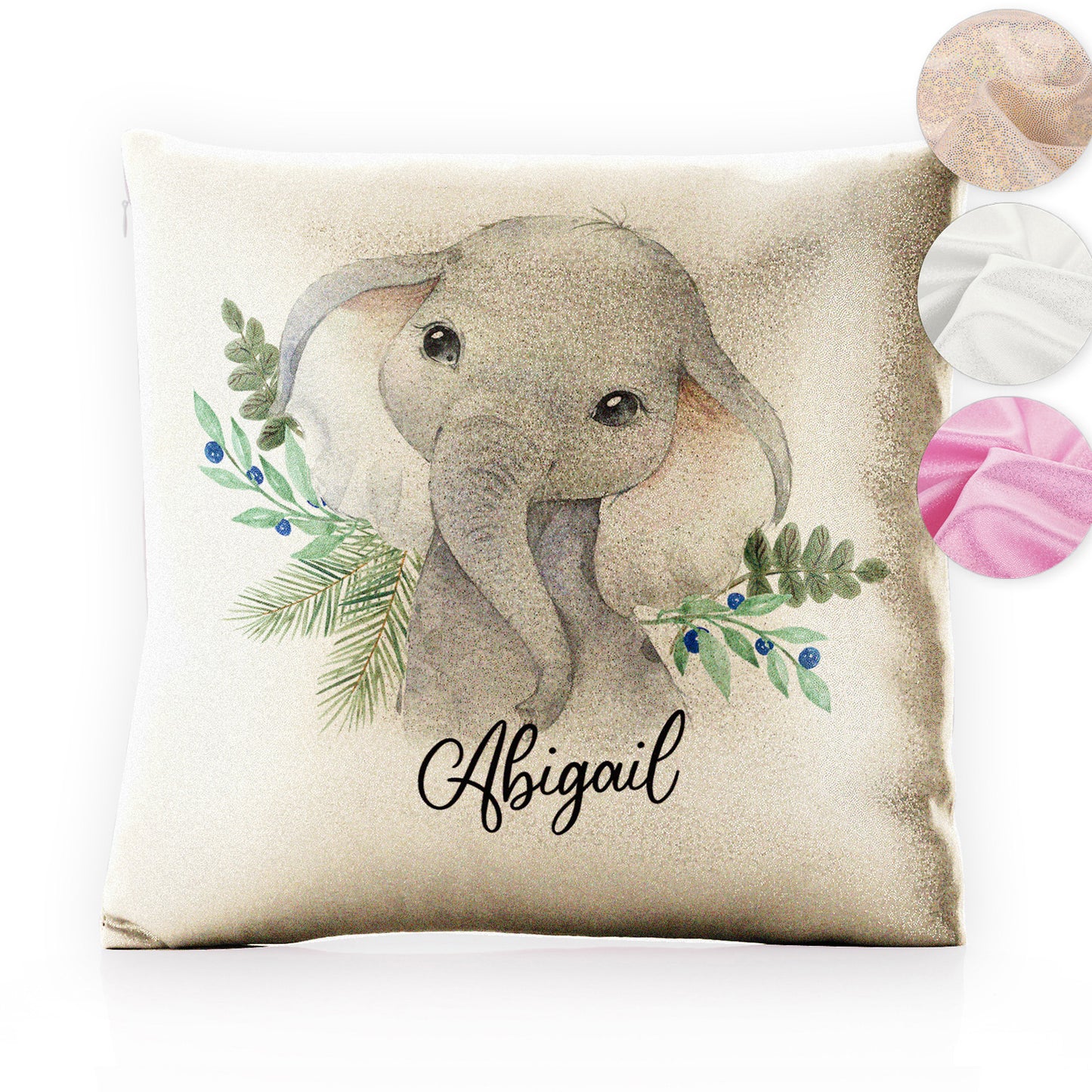 Personalised Glitter Cushion with Elephant Blue Berries and Cute Text