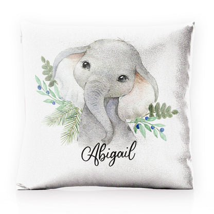 Personalised Glitter Cushion with Elephant Blue Berries and Cute Text