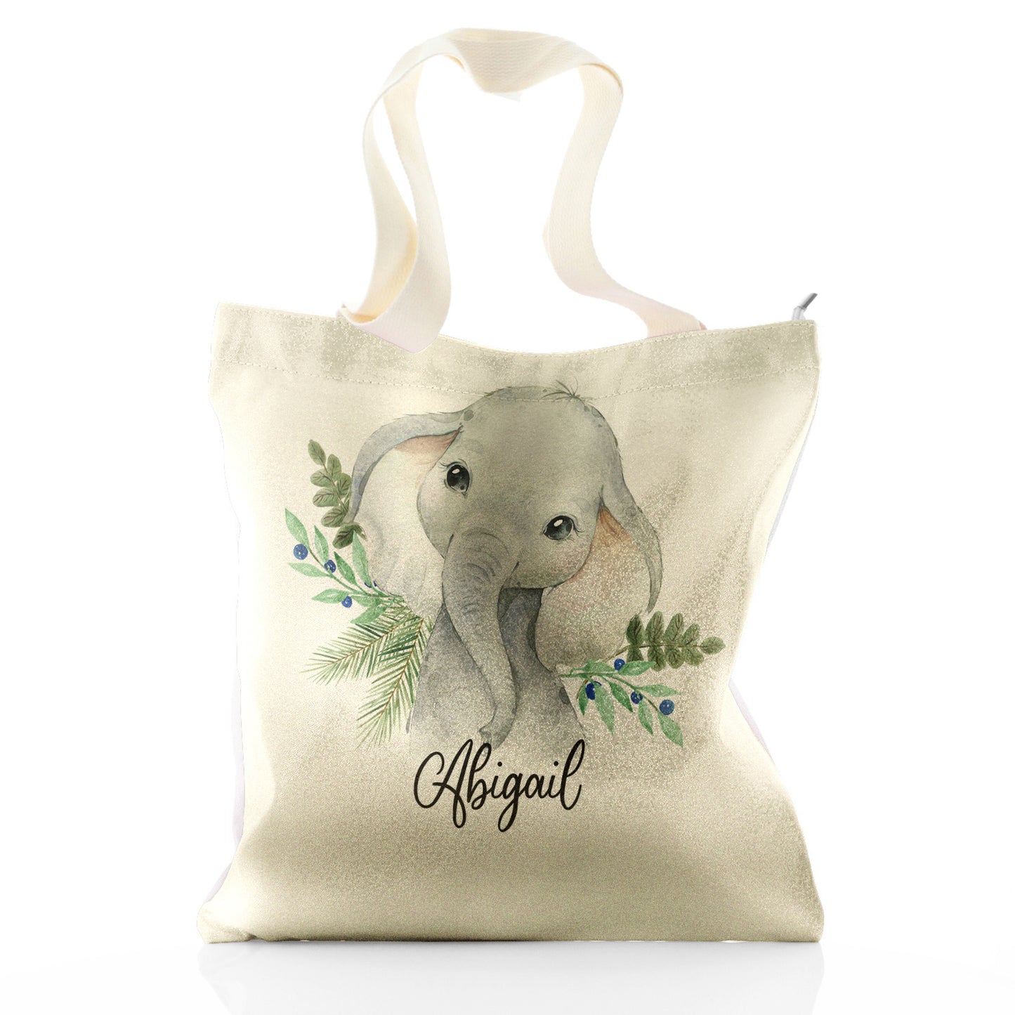 Personalisierte Glitzer-Einkaufstasche mit blauen Elefantenbeeren und süßem Text