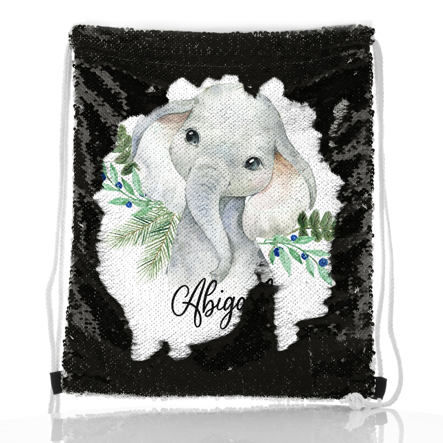 Personalised Sequin Drawstring Backpack with Elephant Blue Berries and Cute Text