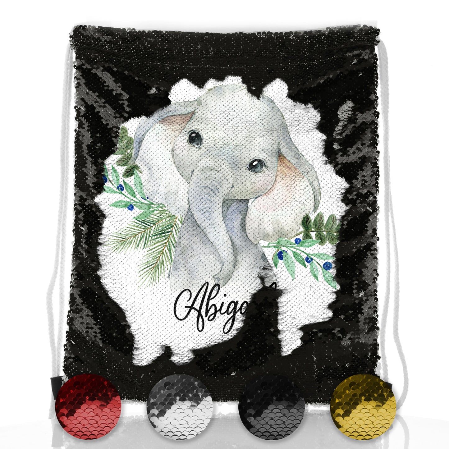Personalised Sequin Drawstring Backpack with Elephant Blue Berries and Cute Text