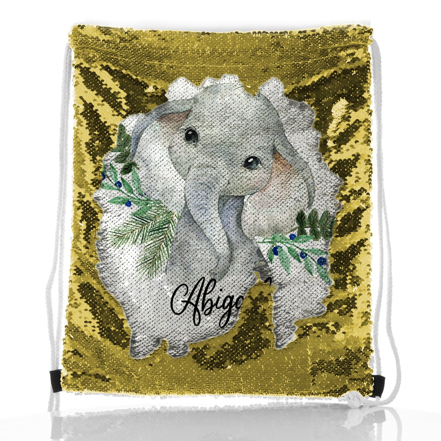 Personalisierter Pailletten-Rucksack mit Kordelzug, Elefanten-Blaubeeren und süßem Text