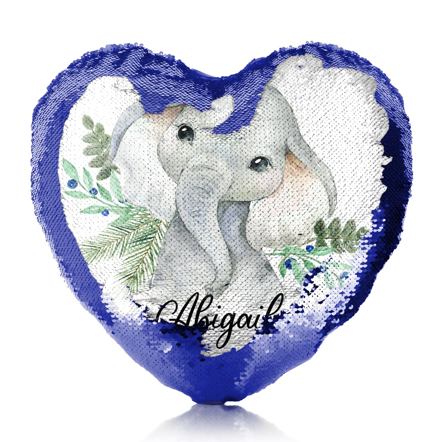 Personalised Sequin Heart Cushion with Elephant Blue Berries and Cute Text
