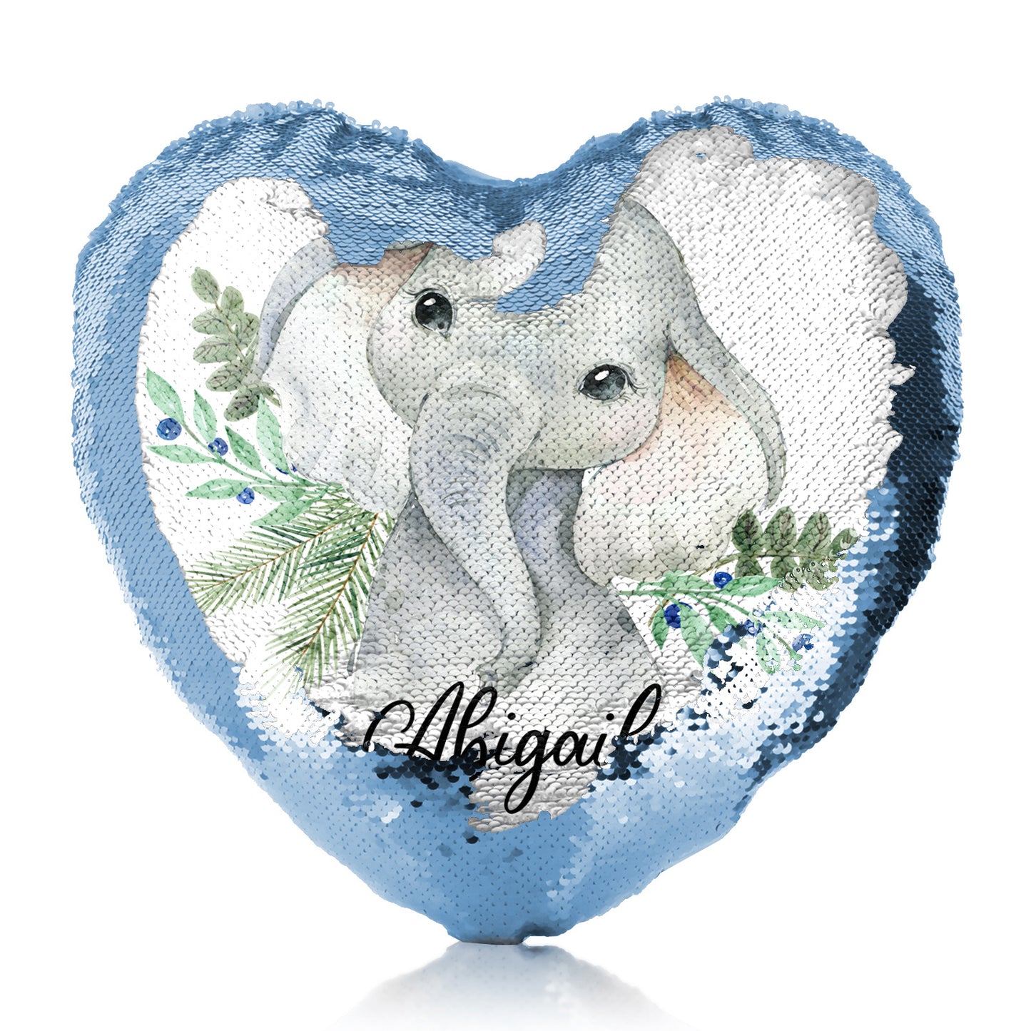 Personalised Sequin Heart Cushion with Elephant Blue Berries and Cute Text