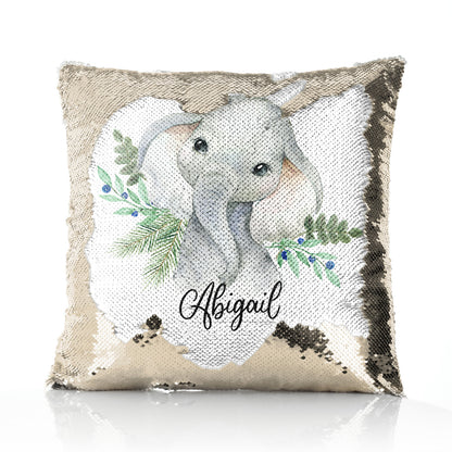 Personalised Sequin Cushion with Elephant Blue Berries and Cute Text