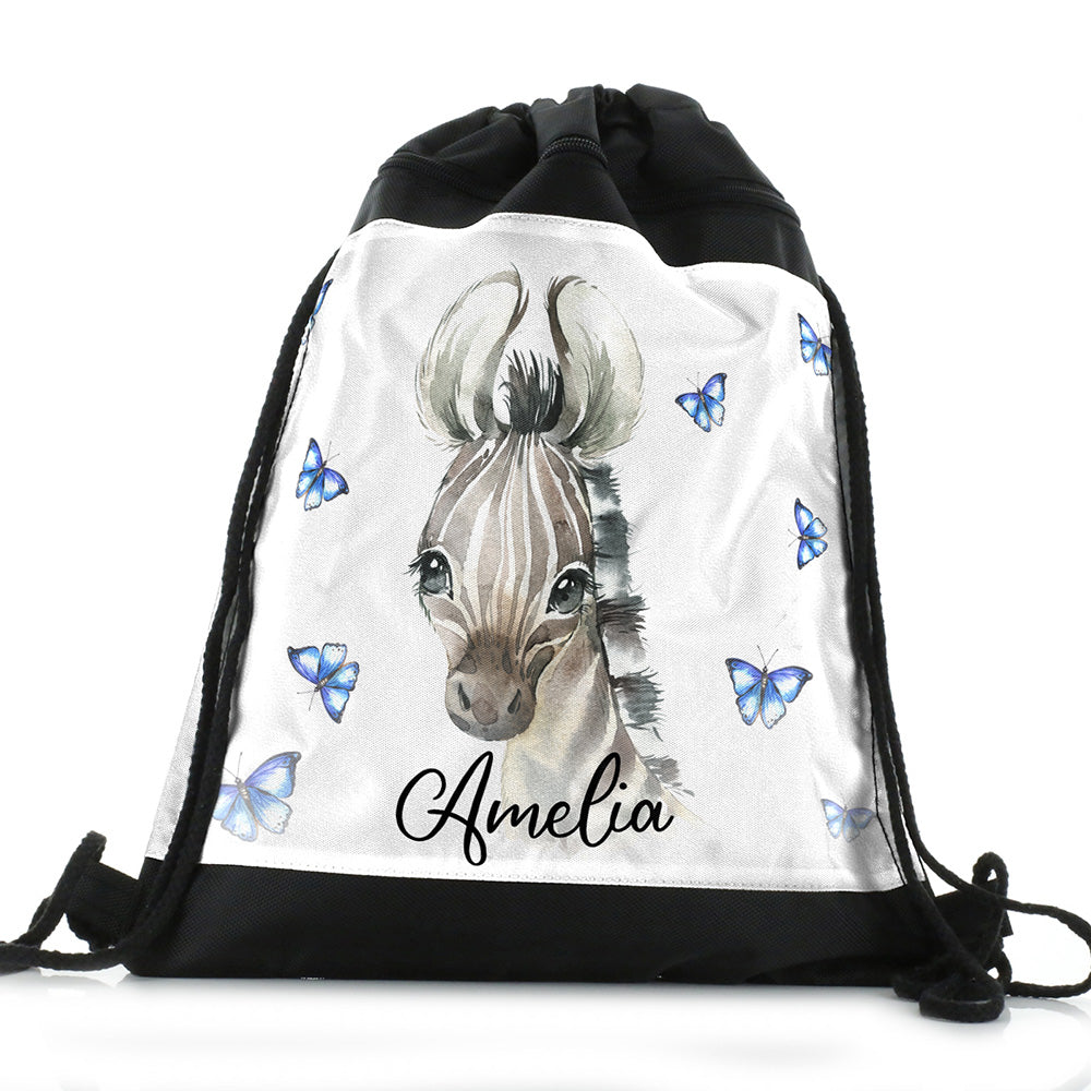 Personalised Zebra Blue Butterfly and Name Black Drawstring Backpack