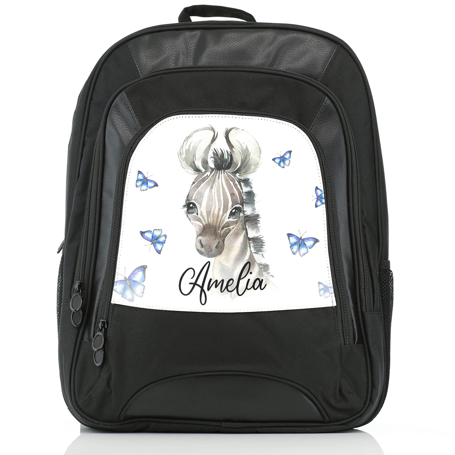 Personalised Large Multifunction Backpack with Zebra Blue Butterfly and Cute Text