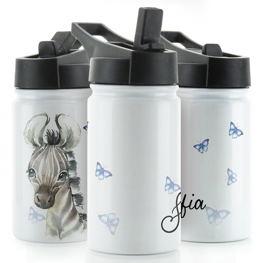 Personalised Zebra Blue Butterfly and Name White Sports Flask