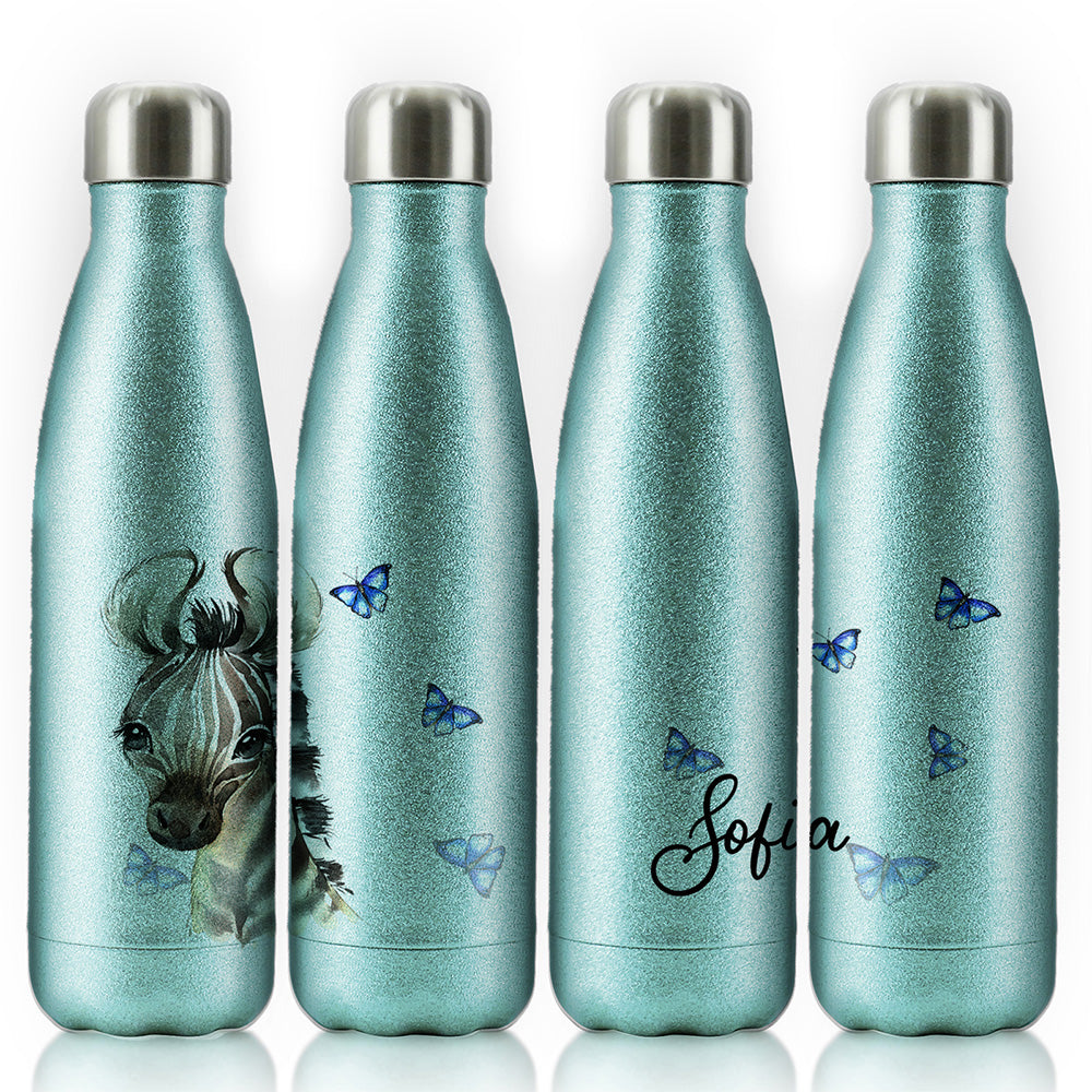 Personalised Zebra Blue Butterfly and Name Cola Bottle