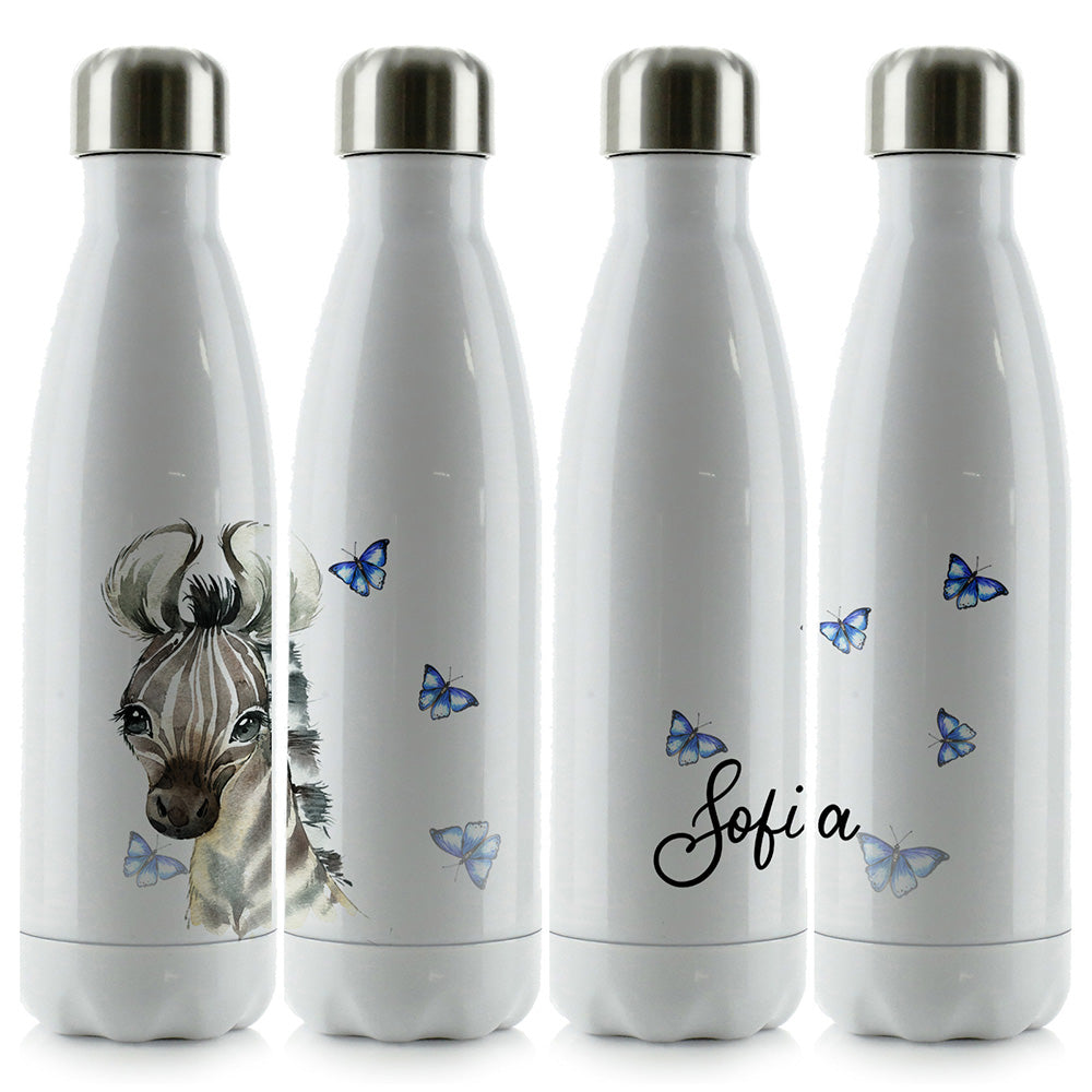 Personalised Zebra Blue Butterfly and Name Cola Bottle