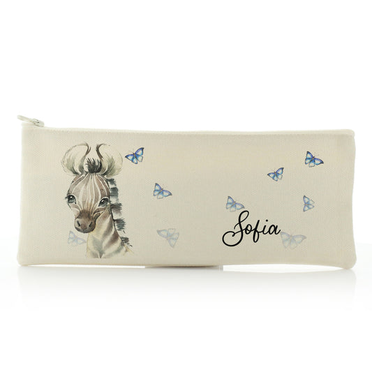 Personalised Canvas Zip Bag with Zebra Blue Butterfly and Cute Text