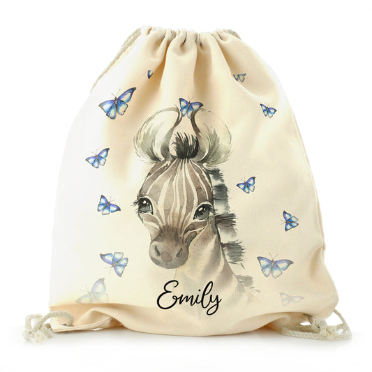 Personalised Canvas Drawstring Backpack with Zebra Blue Butterfly and Cute Text
