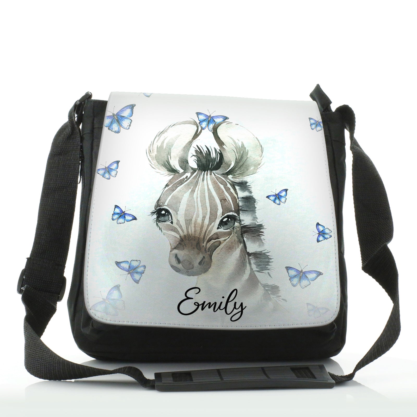 Personalised Shoulder Bag with Zebra Blue Butterfly and Cute Text