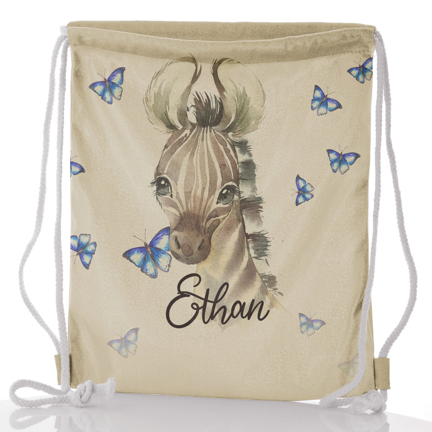Personalised Glitter Drawstring Backpack with Zebra Blue Butterfly and Cute Text