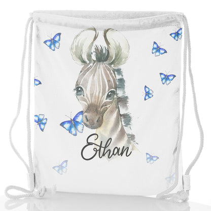 Personalised Glitter Drawstring Backpack with Zebra Blue Butterfly and Cute Text
