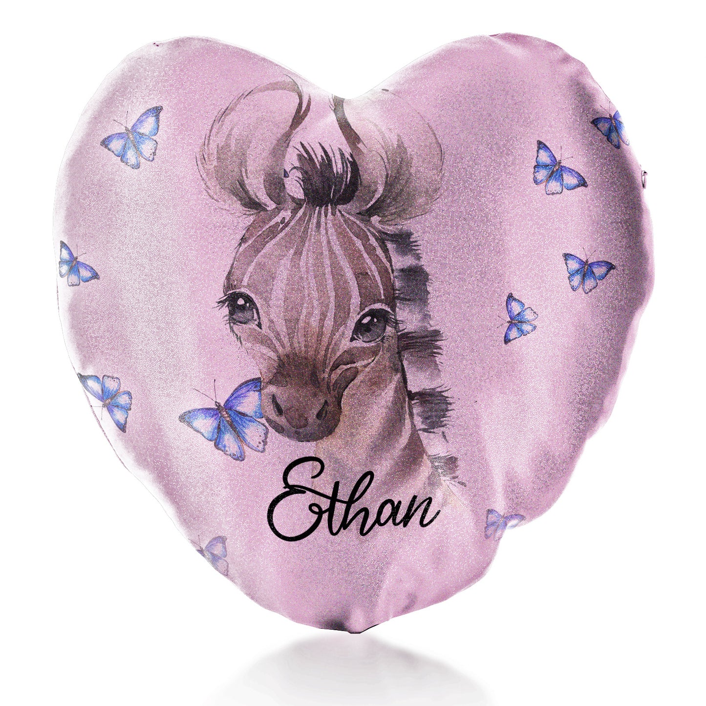 Personalised Glitter Heart Cushion with Zebra Blue Butterfly and Cute Text