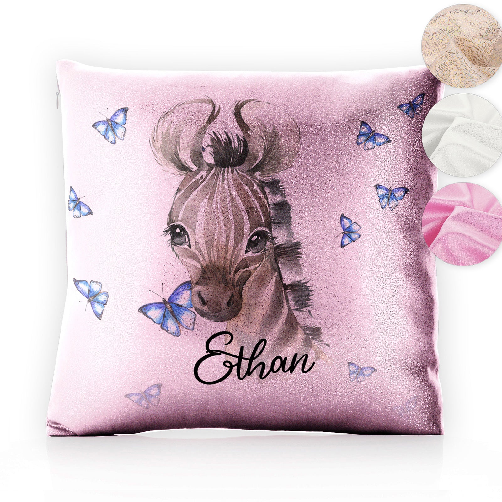 Personalised Glitter Cushion with Zebra Blue Butterfly and Cute Text