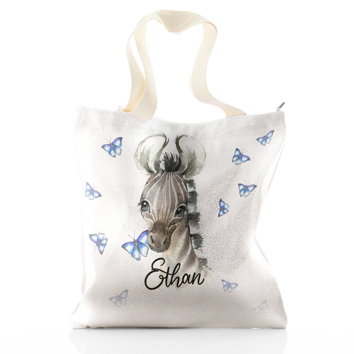 Personalised Glitter Tote Bag with Zebra Blue Butterfly and Cute Text