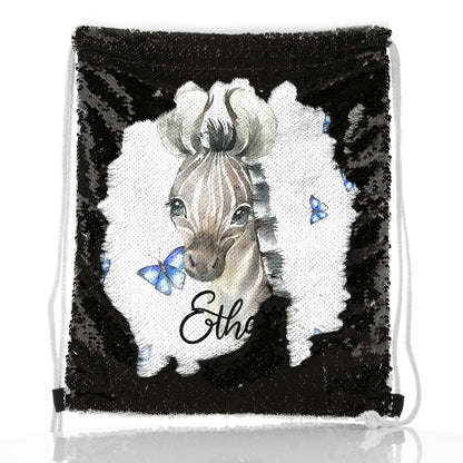 Personalised Sequin Drawstring Backpack with Zebra Blue Butterfly and Cute Text