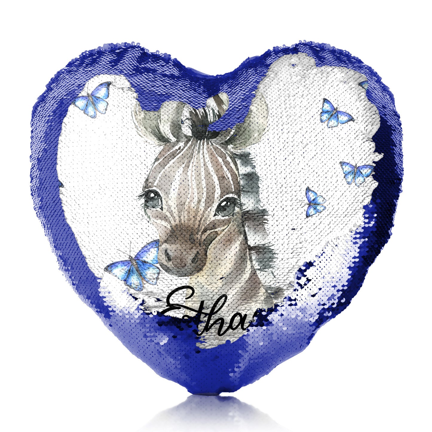Personalised Sequin Heart Cushion with Zebra Blue Butterfly and Cute Text