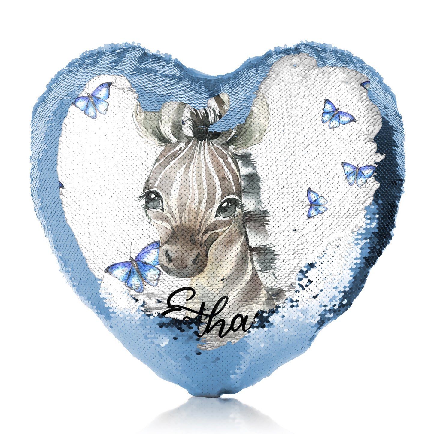 Personalised Sequin Heart Cushion with Zebra Blue Butterfly and Cute Text